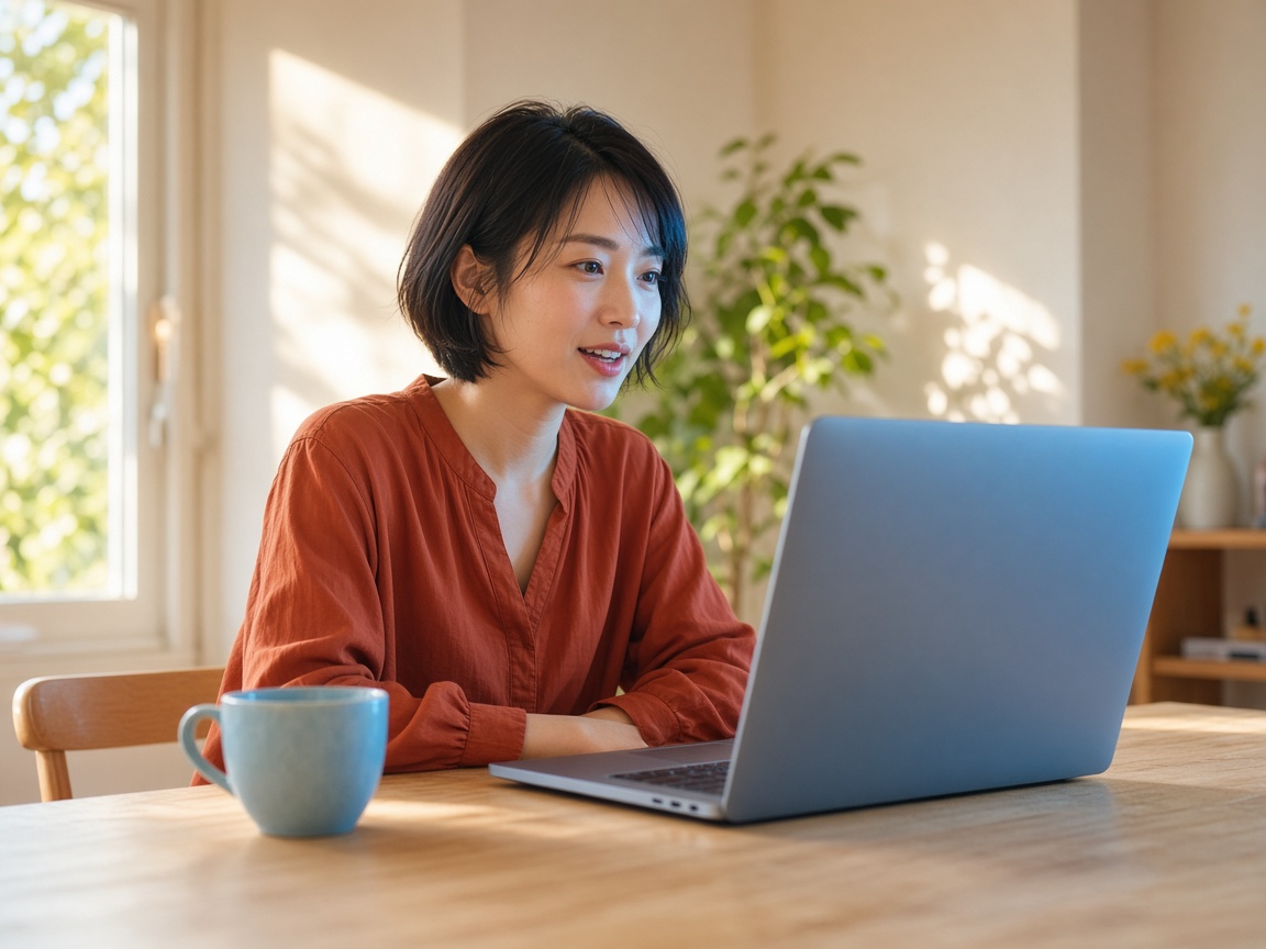 A candidate taking a video interview alone at a laptop